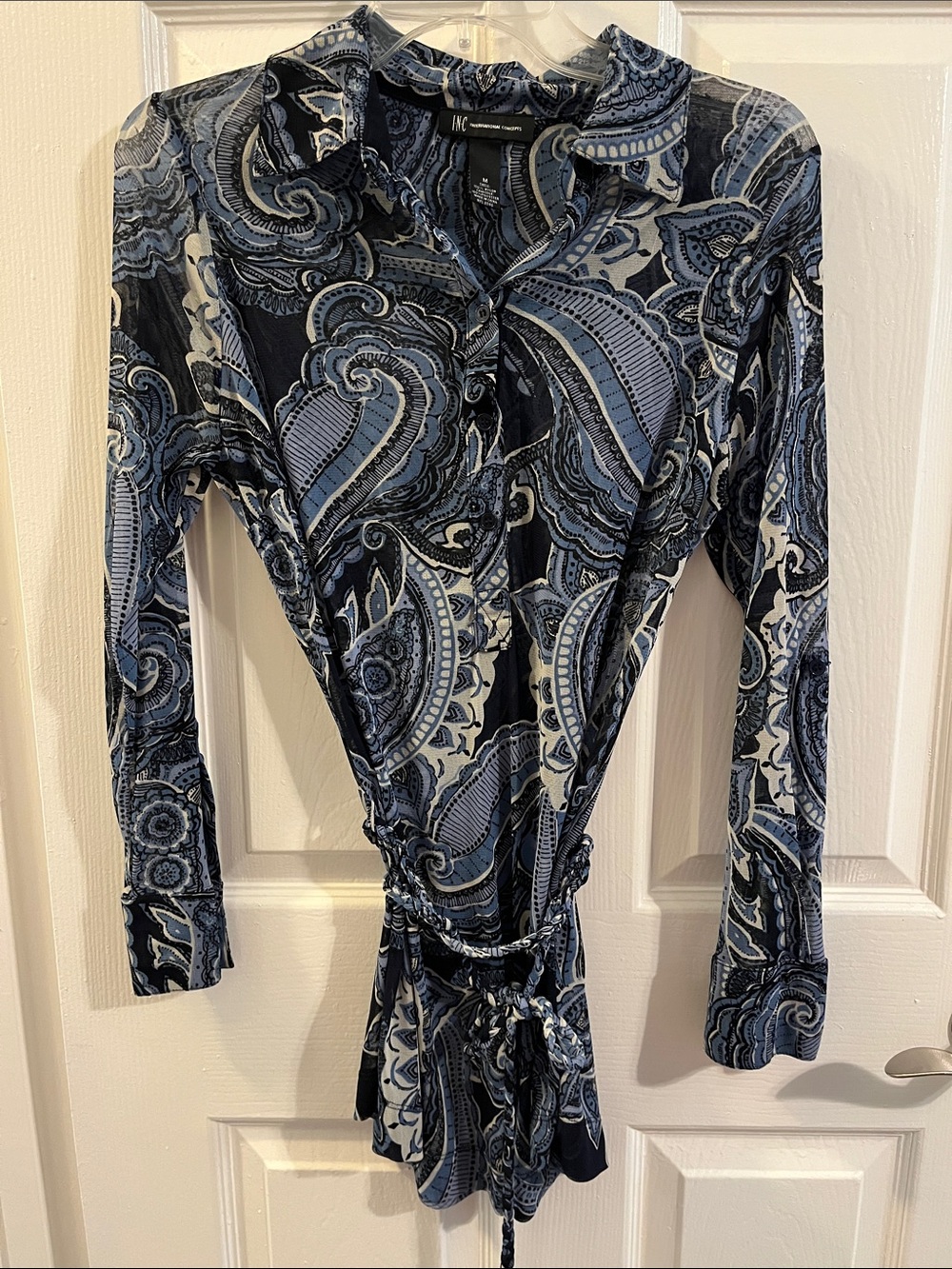 INC International Concepts Navy and Light Blue Paisley Long-Sleeve Top